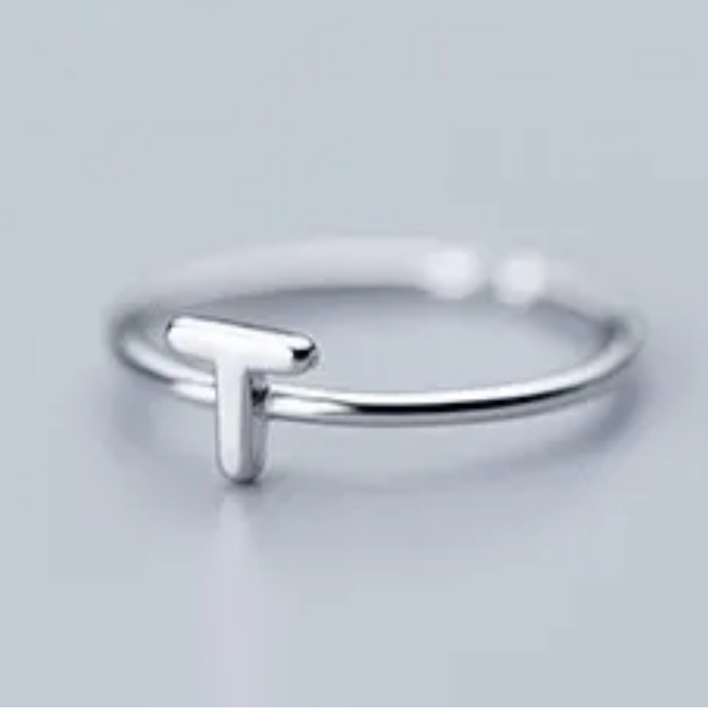 925 Sterling Silver Adjustable Stackable Initial Ring, Os - T